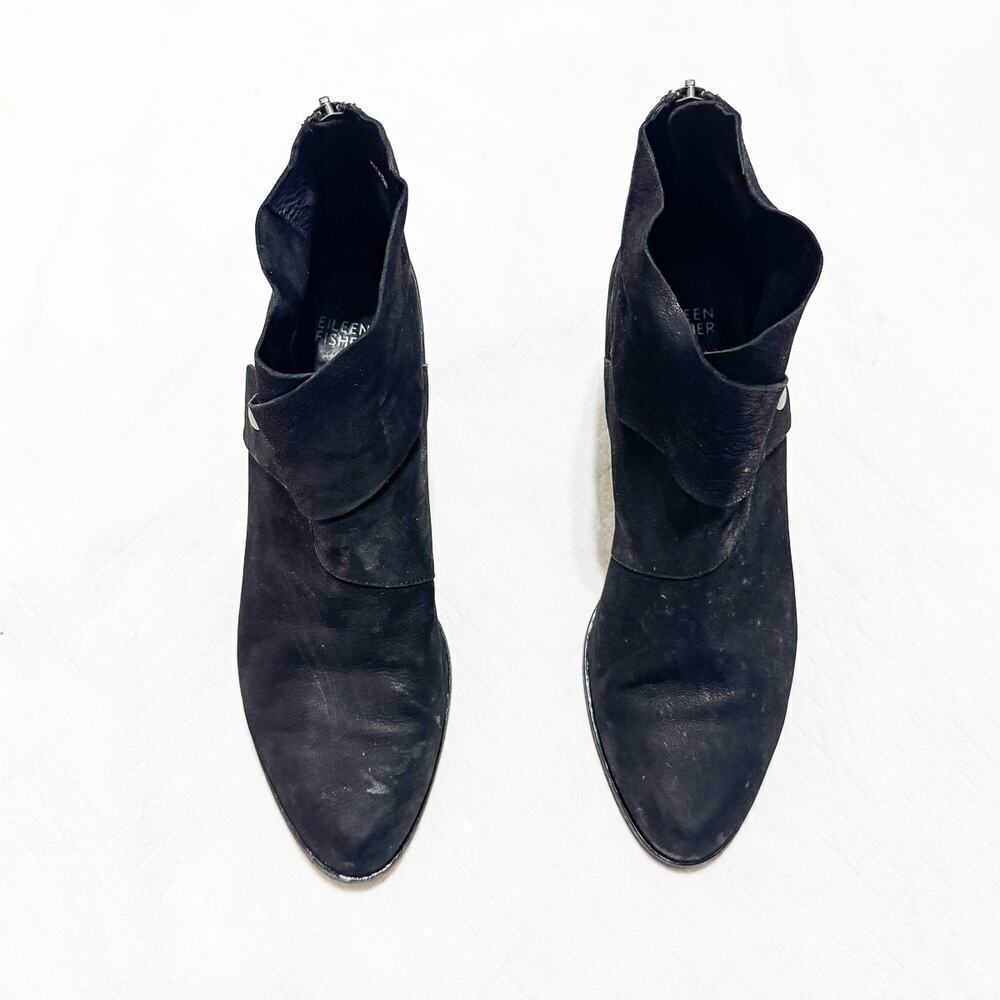 Eileen Fisher Tag Wrapsnap Black Suede Leather Almond Toe Heeled Boots Size 10